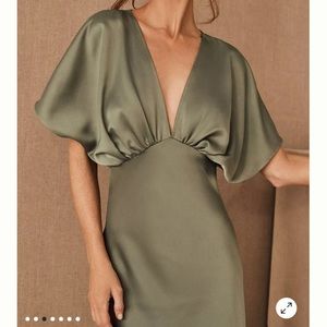 BHLDN Leila Deep-V Flutter-Sleeve Satin A-Line Gown